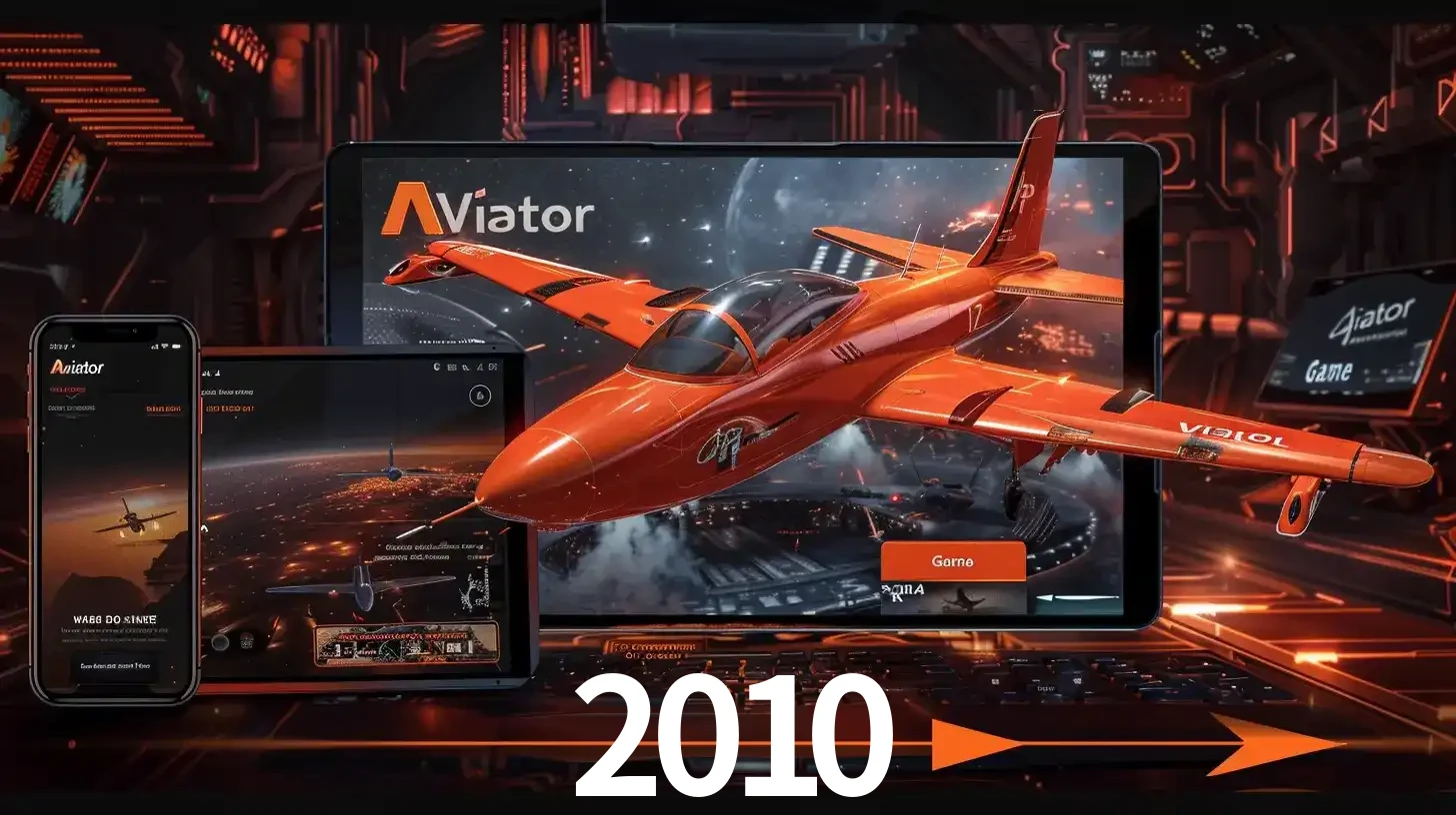 Apresentação tecnológica do jogo Aviator com um avião saindo da tela de um tablet, demonstrando a experiência imersiva em múltiplos dispositivos no 2010.