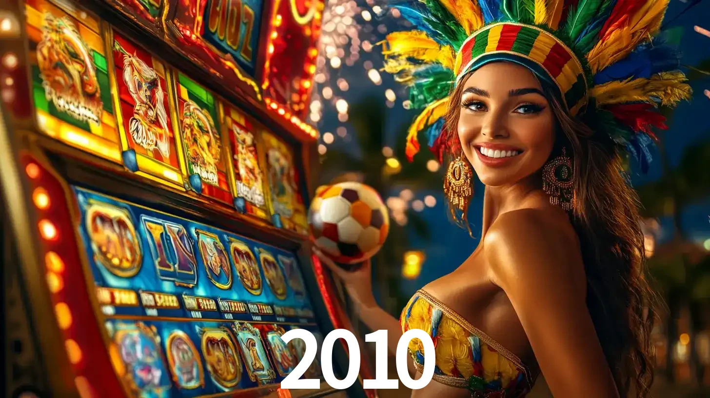 Mulher com um cocar de carnaval ao lado de uma máquina de caça-níqueis enquanto segura uma bola de futebol, mostrando a união da diversão de cassino e esportes no 2010.