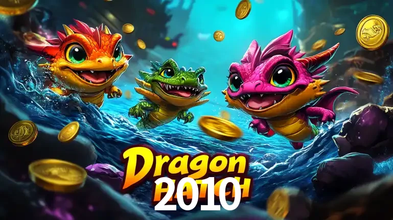 Arte promocional do jogo Dragon Hatch com três adoráveis dragões bebês nadando entre moedas de ouro, um dos slots mais divertidos para jogar no cassino 2010.
