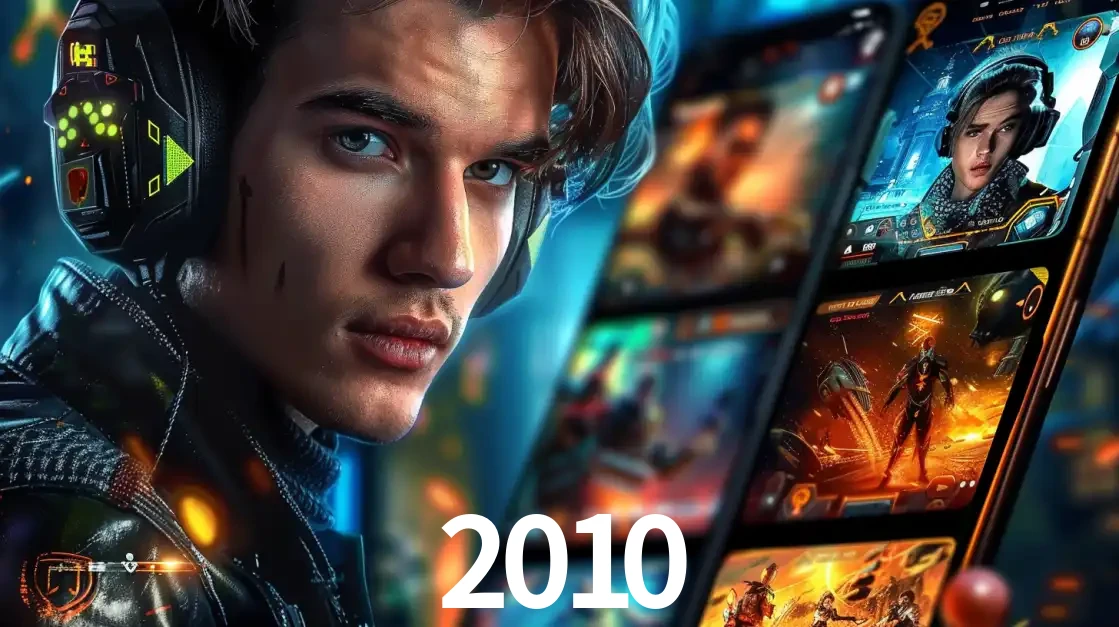 Jovem jogador com fones de ouvido olhando para a câmera, com um aplicativo de jogos e e-sports para celular ao fundo, pronto para a competição e apostas no 2010.