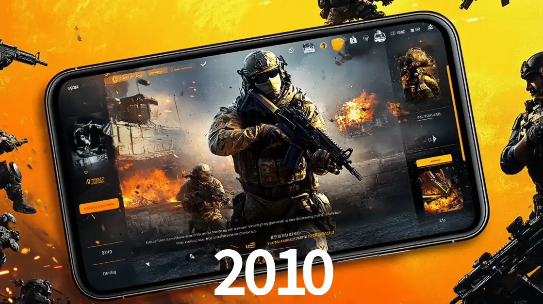 Um smartphone exibindo a interface de um jogo de tiro em primeira pessoa, com um soldado em um cenário de batalha, representando a ação dos e-sports para apostar no 2010.