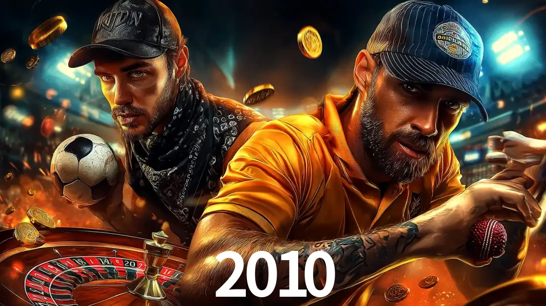 Montagem de apostas esportivas e cassino no 2010, com um homem segurando uma bola de futebol e outro uma de beisebol sobre uma roleta e moedas voadoras.