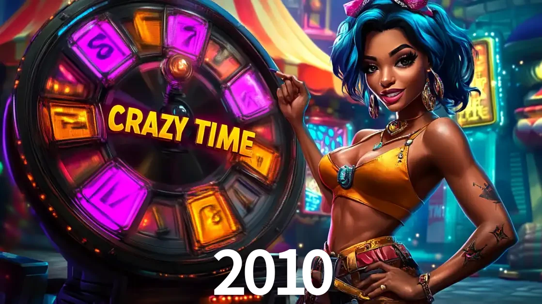 Mulher estilizada com cabelo azul e visual vibrante posando ao lado da roda de prêmios do game show Crazy Time, convidando para a diversão e os bônus do cassino 2010.