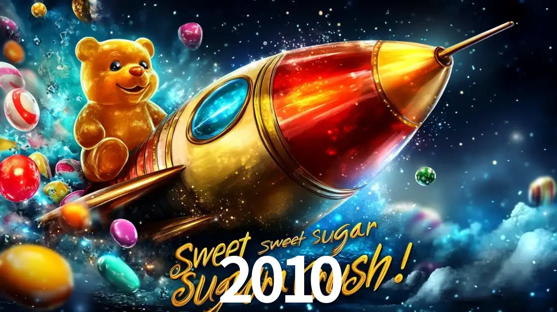 Arte promocional do jogo de slot Sugar Rush, com um urso de pelúcia em um foguete viajando pelo espaço de doces, um dos jogos divertidos disponíveis no cassino 2010.