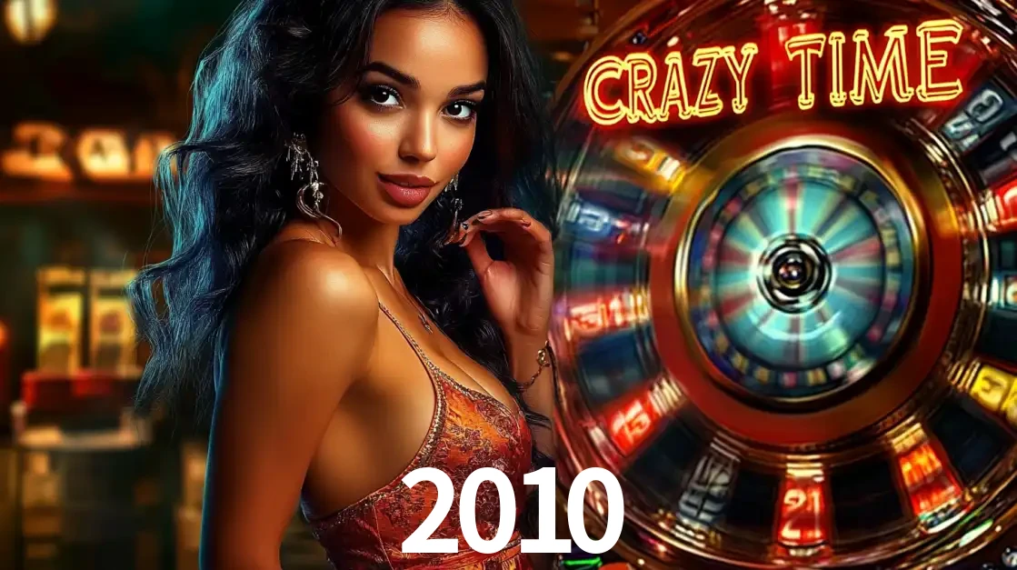 Mulher elegante ao lado da vibrante roda da fortuna do jogo de cassino ao vivo Crazy Time, um dos game shows mais populares e cheios de prêmios do 2010.