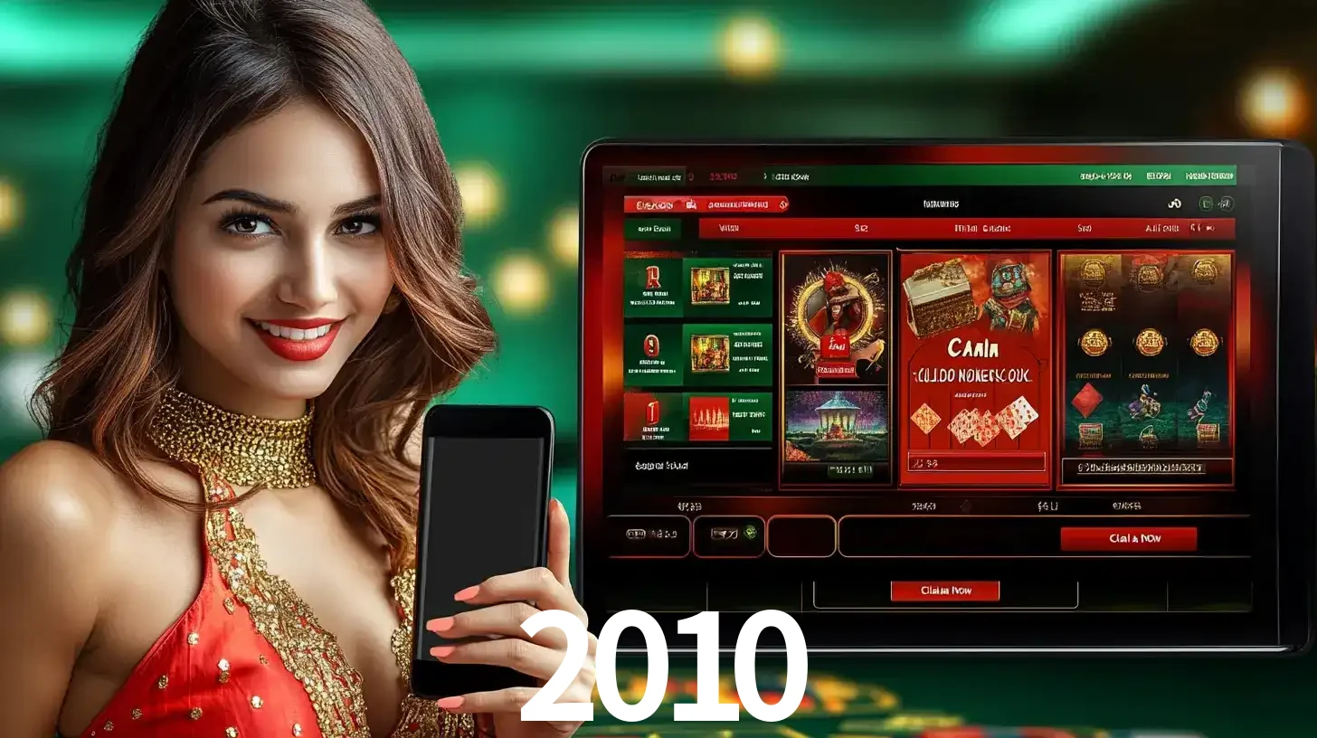 Mulher sorridente segurando um smartphone, ao lado de uma tela exibindo o lobby de jogos do cassino online 2010, com várias opções de jogos de cartas e slots.